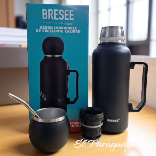 Termo acero inoxidable 1 Litro + mate + bombilla negro