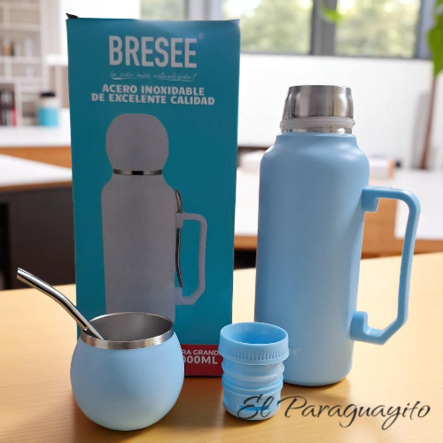 Termo acero inoxidable 1 Litro + mate + bombilla celeste