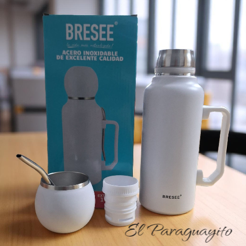 Termo acero inoxidable 1 Litro + mate + bombilla blanco