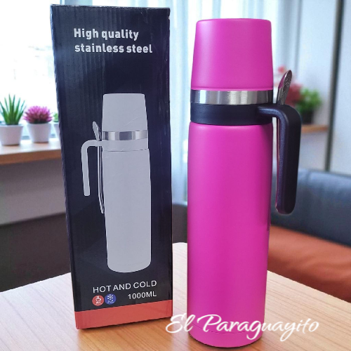 Termo #2 acero inox 1 Litro + mate + bombilla Fucsia