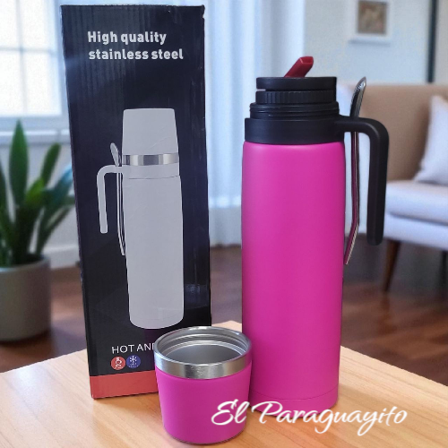 Termo #2 acero inox 1 Litro + mate + bombilla Fucsia