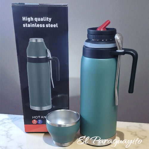 Termo #1 acero inox 1 Litro + mate + bombilla verde