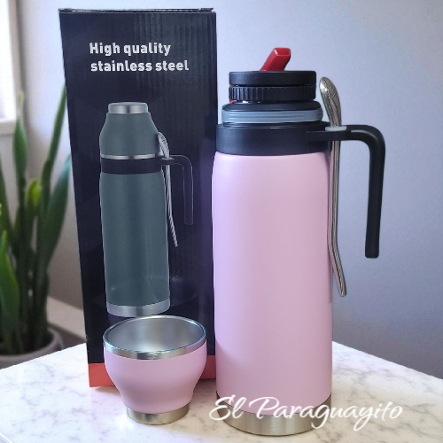 Termo #1 acero inox 1 Litro + mate + bombilla Rosa