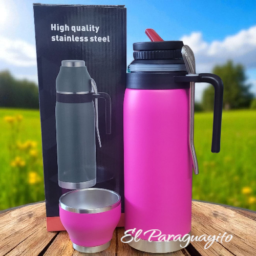 Termo #1 acero inox 1 Litro + mate + bombilla Fucsia