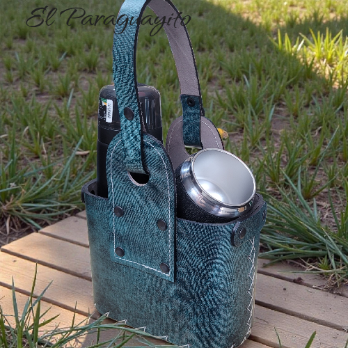 Canasto matero 2 comp azul jeans cuero - Imagen 3